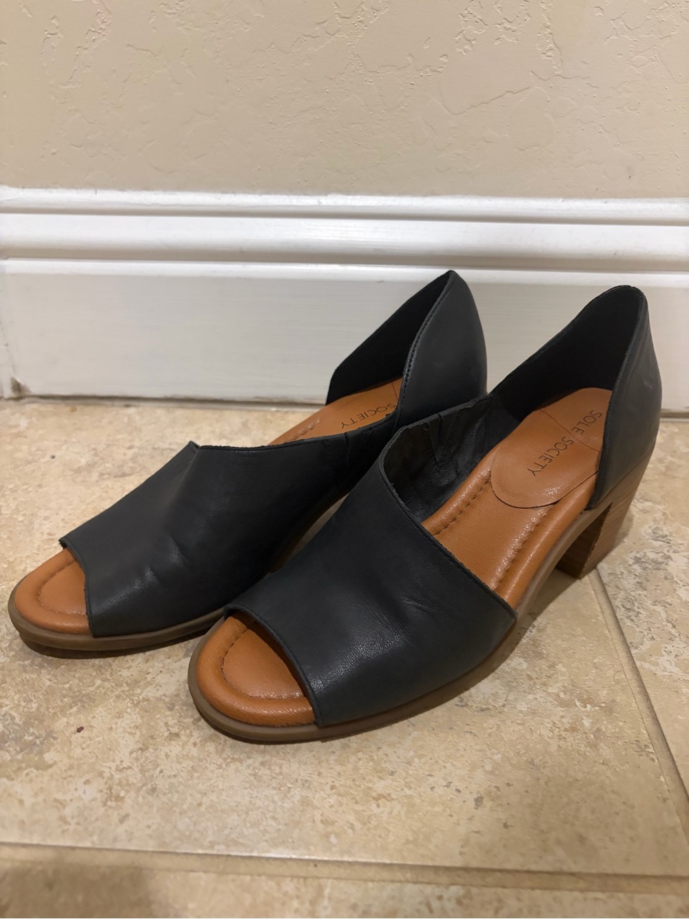 Sole Society Black Open-Toe Block Heel Sandals with Tan Insole